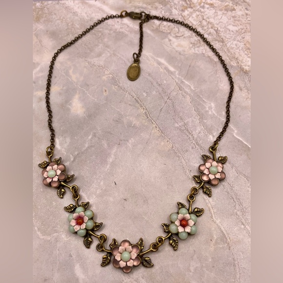 Michal Negrin Antique Tone Floral Necklace with Pink and Green Flowers. 16 inch - Picture 7 of 10